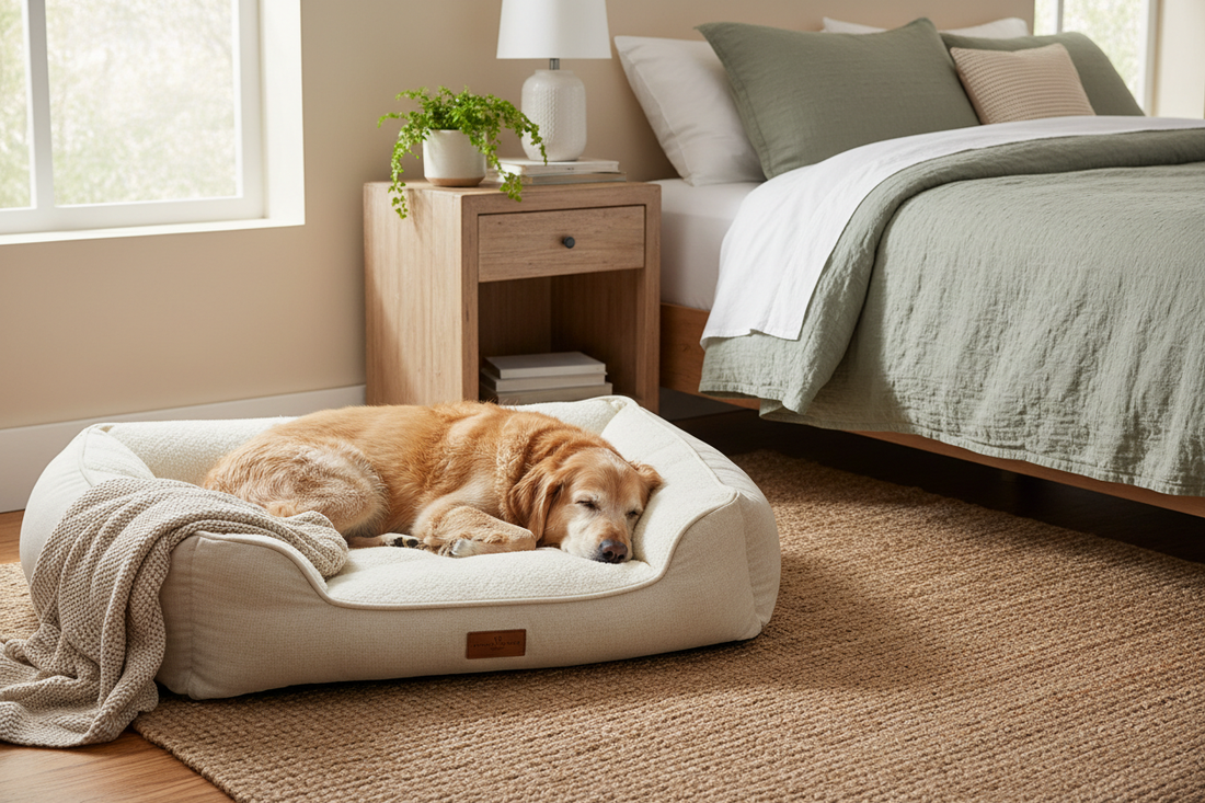 A senior dog resting comfortably, illustrating sleep changes and rest support for aging dogs.