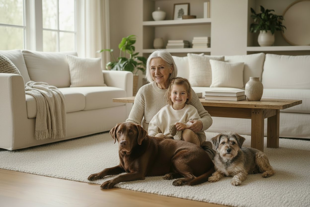 Grandmother and grandchild sitting on the floor with a senior brown Labrador and a small scruffy senior dog in a cozy living room