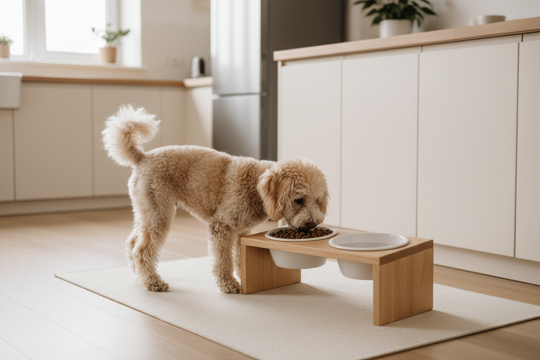 Fluffy senior poodle eating from an elevated pet feeder bowl stand with white ceramic bowls on an anti-slip mat in a bright kitchen