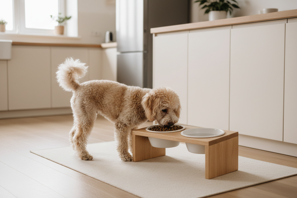 Fluffy senior poodle eating from an elevated pet feeder bowl stand with white ceramic bowls on an anti-slip mat in a bright kitchen
