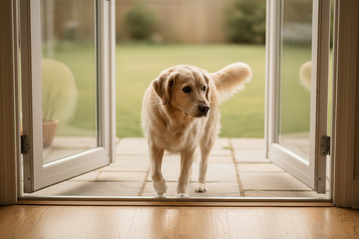 Senior dog at sliding glass door