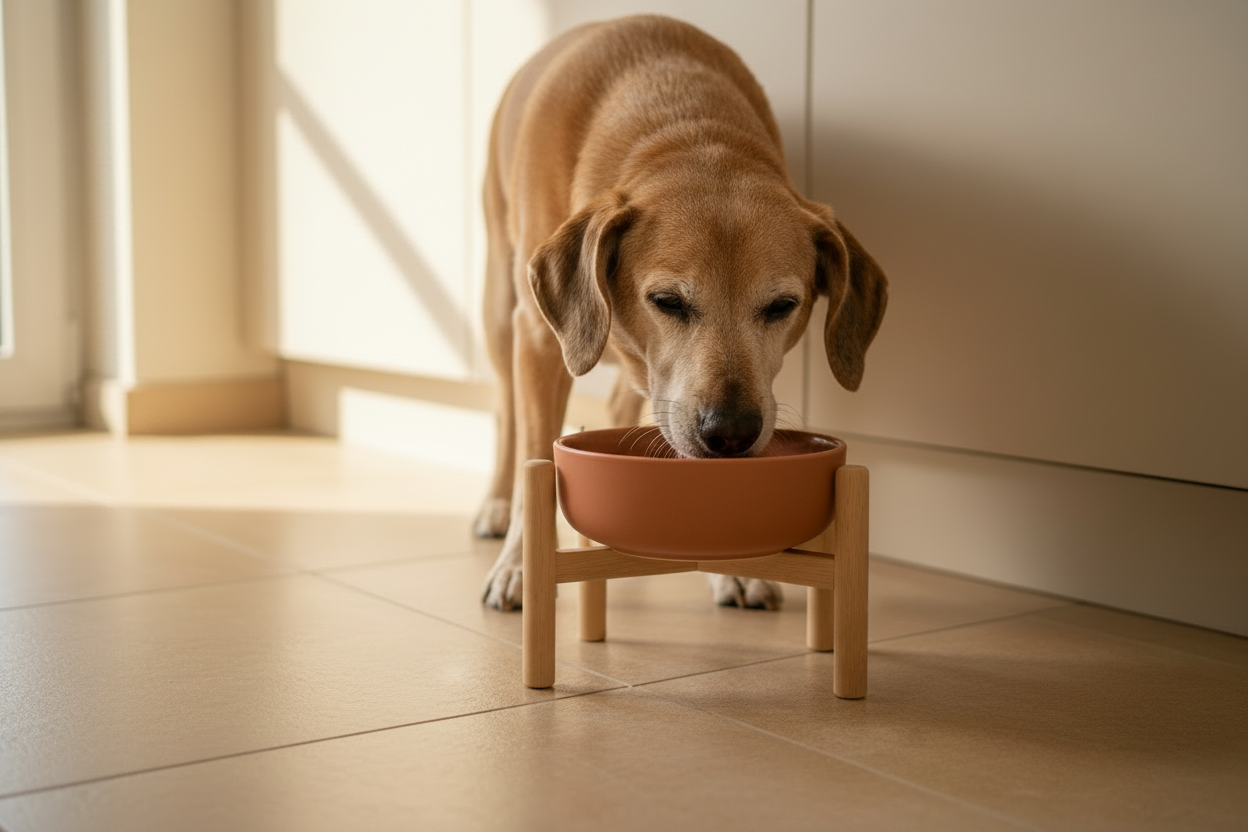 Poodle eating from elevated dog bowls