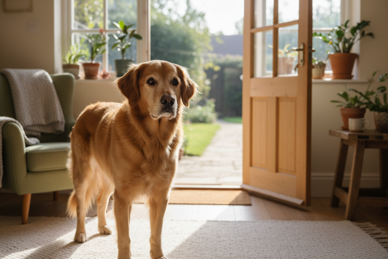 Senior dog at the back door